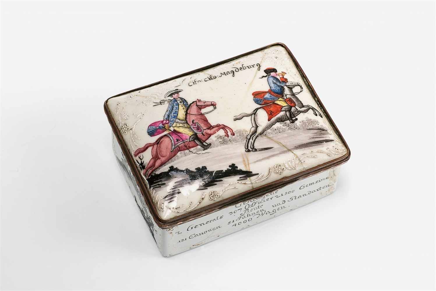 An enamel snuff box commemorating the victory of Borna / Leuthen in Silesia Enamelled copper with