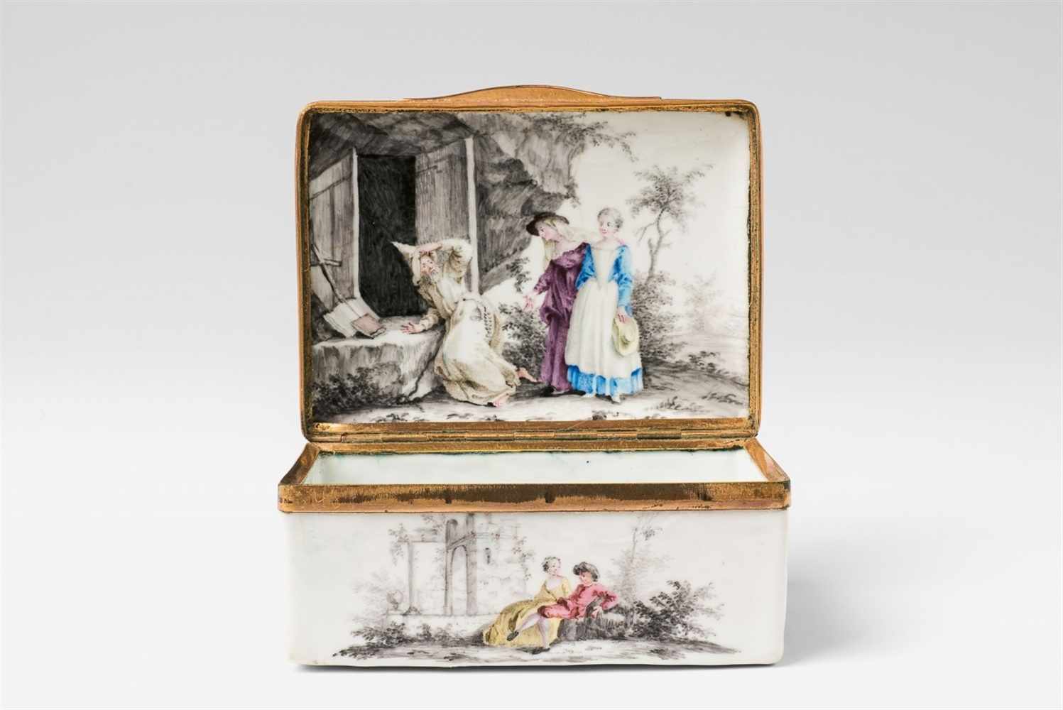 An enamel snuff box with courtship scenes Enamelled copper with gilt copper mountings. Rectangular - Image 7 of 7