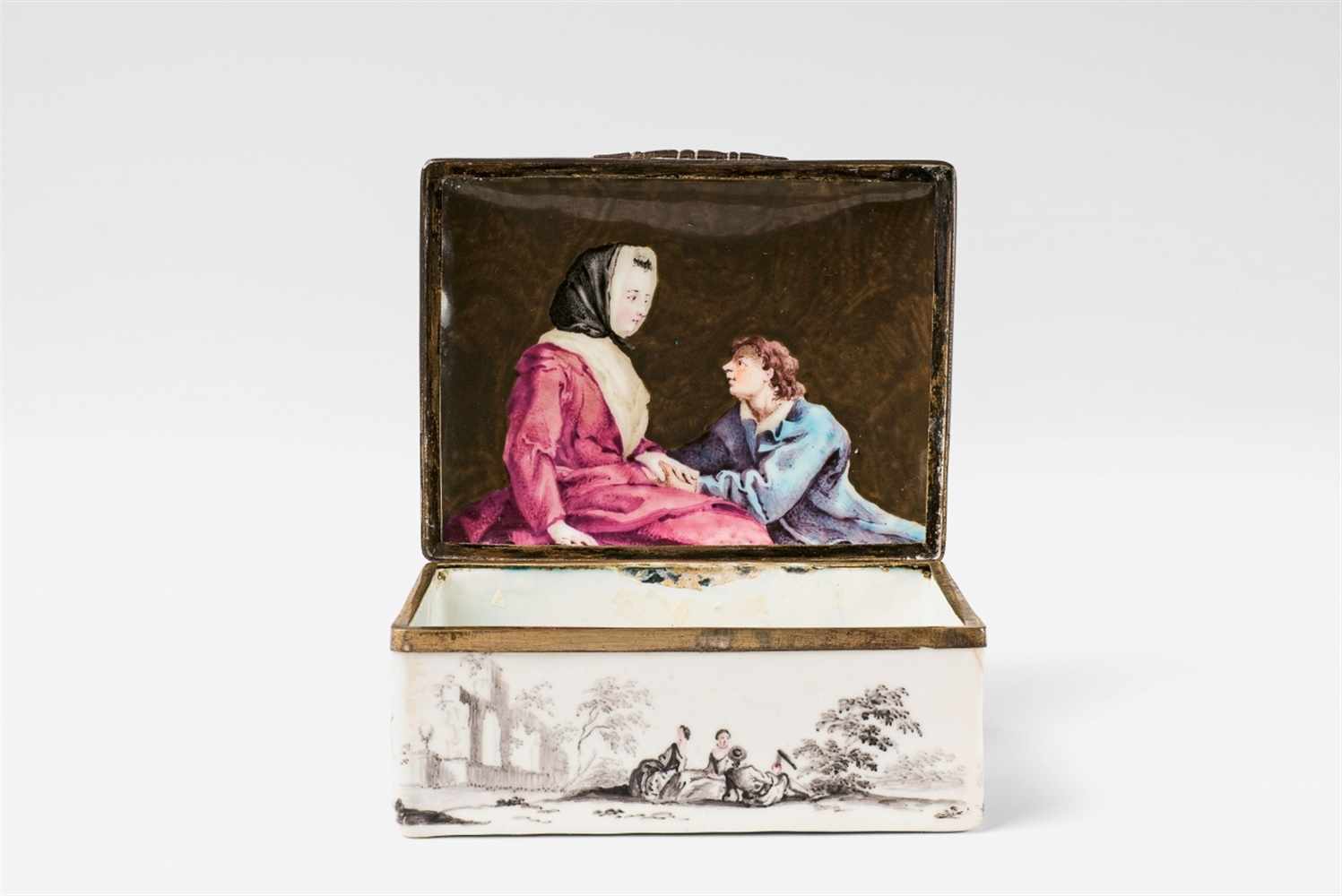 An enamel snuff box with pastoral scenes Enamelled copper with silver-plated copper mountings. - Image 2 of 8