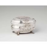 A Berlin silver Rococo sugar box With original lock and key. W 16; D 12; H 9.5 cm, weight 386 g.