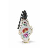 A silver-mounted Wegely porcelain bottle with floral decor Blue W mark, impressed 1/19. H 8.9 cm.