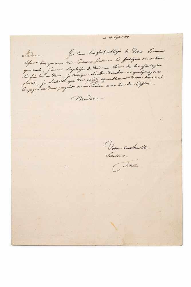 A letter from Frederick II to his wife Elisabeth Christine, Queen of Prussia Sepia ink on paper. "