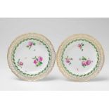 A pair of Berlin KPM porcelain dessert plates with green ribbon decor Model no. 631, decorated