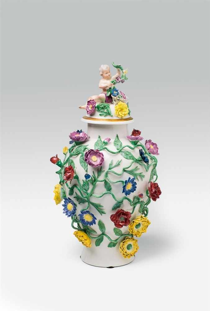 A Wegely porcelain vase and cover Baluster-form vase encrusted throughout with naturalistic