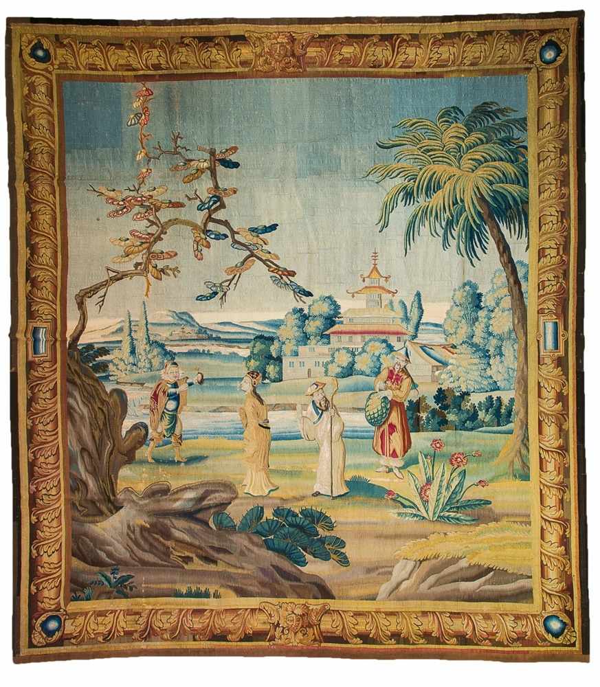 A Berlin Chinoiserie tapestry Polychrome wool and silk. Depicting four figures against a panoramic