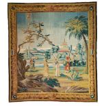 A Berlin Chinoiserie tapestry Polychrome wool and silk. Depicting four figures against a panoramic