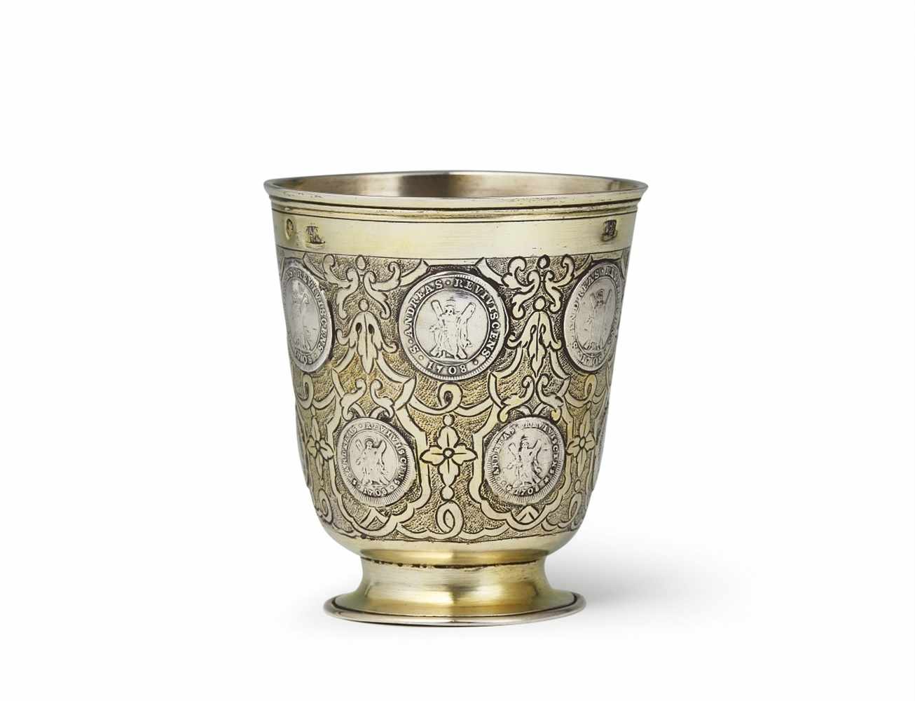 A Berlin silver-gilt coin set beaker Inlaid with 12 Brunswick-Lüneburg Mariengroschen dated 1707 and