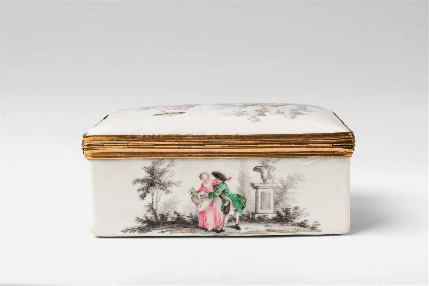 An enamel snuff box with courtship scenes Enamelled copper with gilt copper mountings. Rectangular - Image 2 of 7