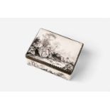 An enamel snuff box with pastoral scenes Enamelled copper with silver-plated copper mountings.