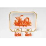 A Berlin KPM porcelain writing set with Watteau scenes Model no. 122, comprising a quill stand, sand