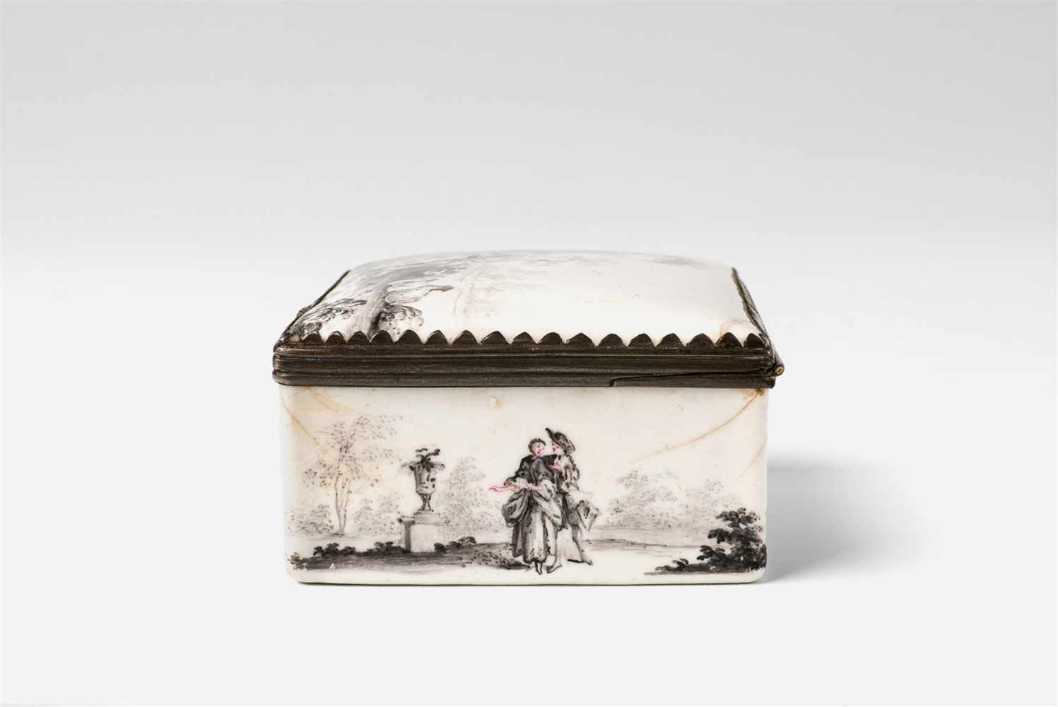 An enamel snuff box with pastoral scenes Enamelled copper with silver-plated copper mountings. - Image 6 of 8