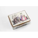 An enamel snuff box with courtship scenes Enamelled copper with gilt copper mountings. Rectangular