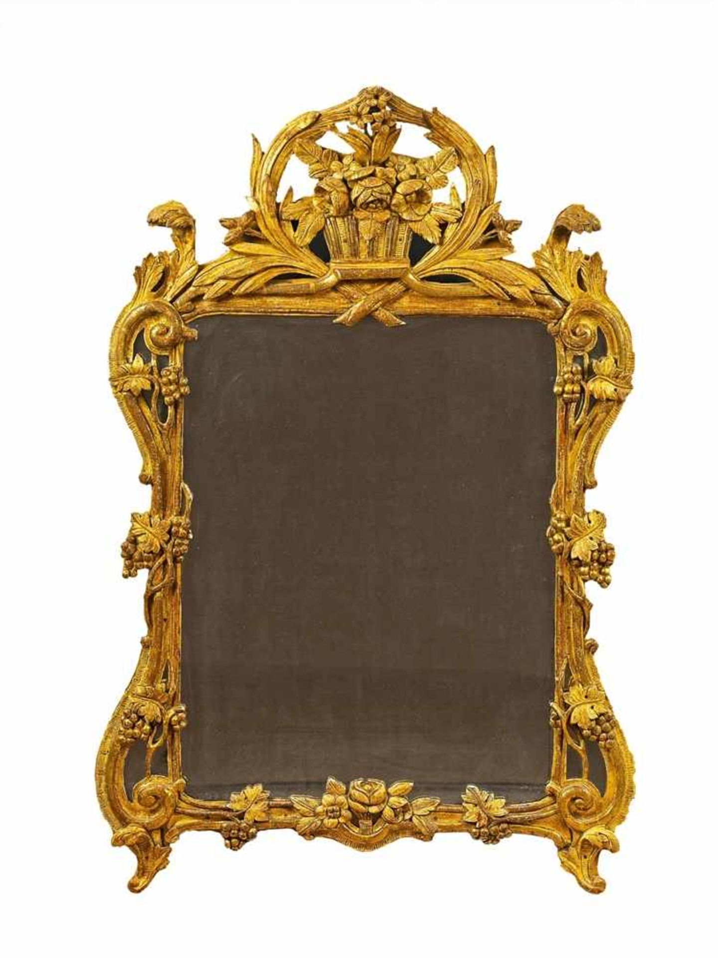 Miroir d´époque Louis XV Weichholz und gefasstes Holz, Vergoldung über rotem Bolus, Glas unterlegt