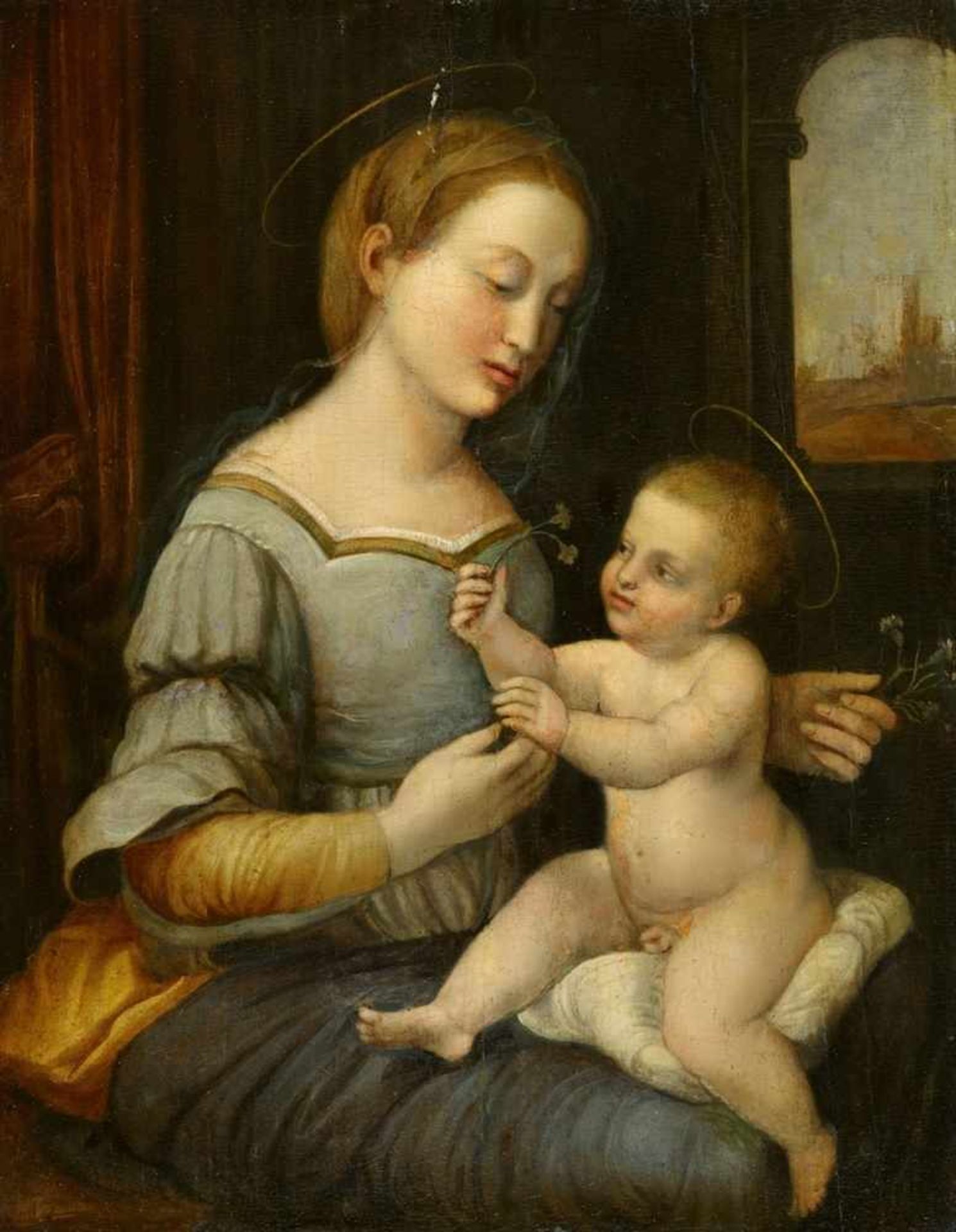 Italienischer Meister des 16. JahrhundertsMadonna mit Kind nach Raphael Öl auf Holz. 29,5 x 23 cm.