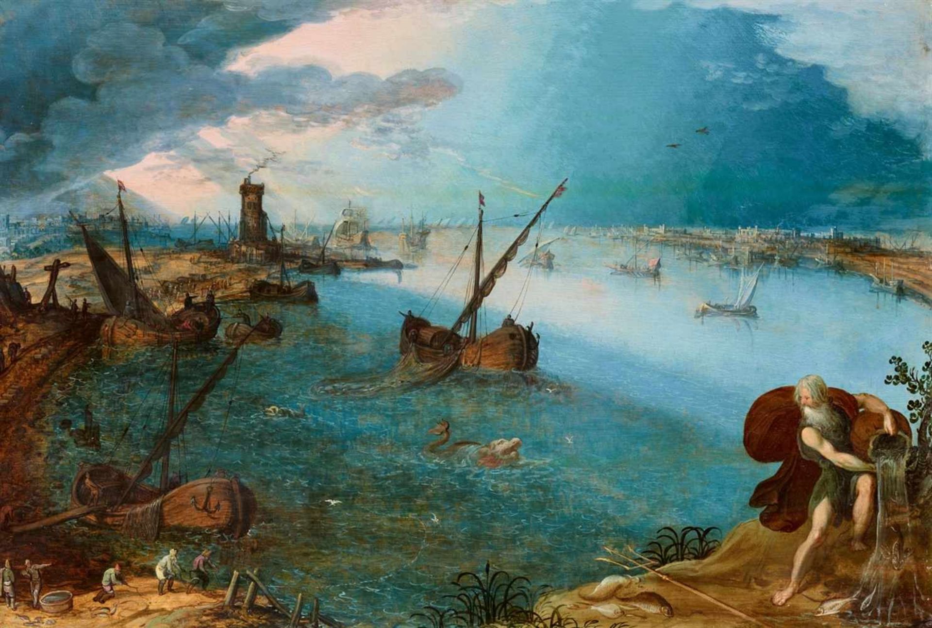 Louis de CaulleryWeite Hafenansicht mit Fischern und Neptun vor einer Stadtkulisse Öl auf Holz (