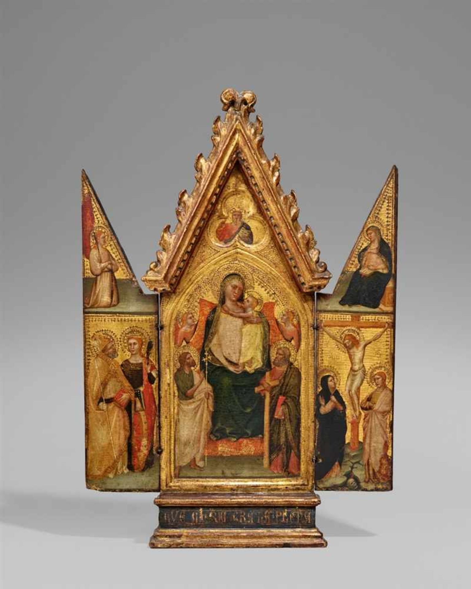 Meister des Tobias (Maestro di Tobia)Klappaltar mit Thronender Muttergottes Tempera auf Holz. 46,5 x