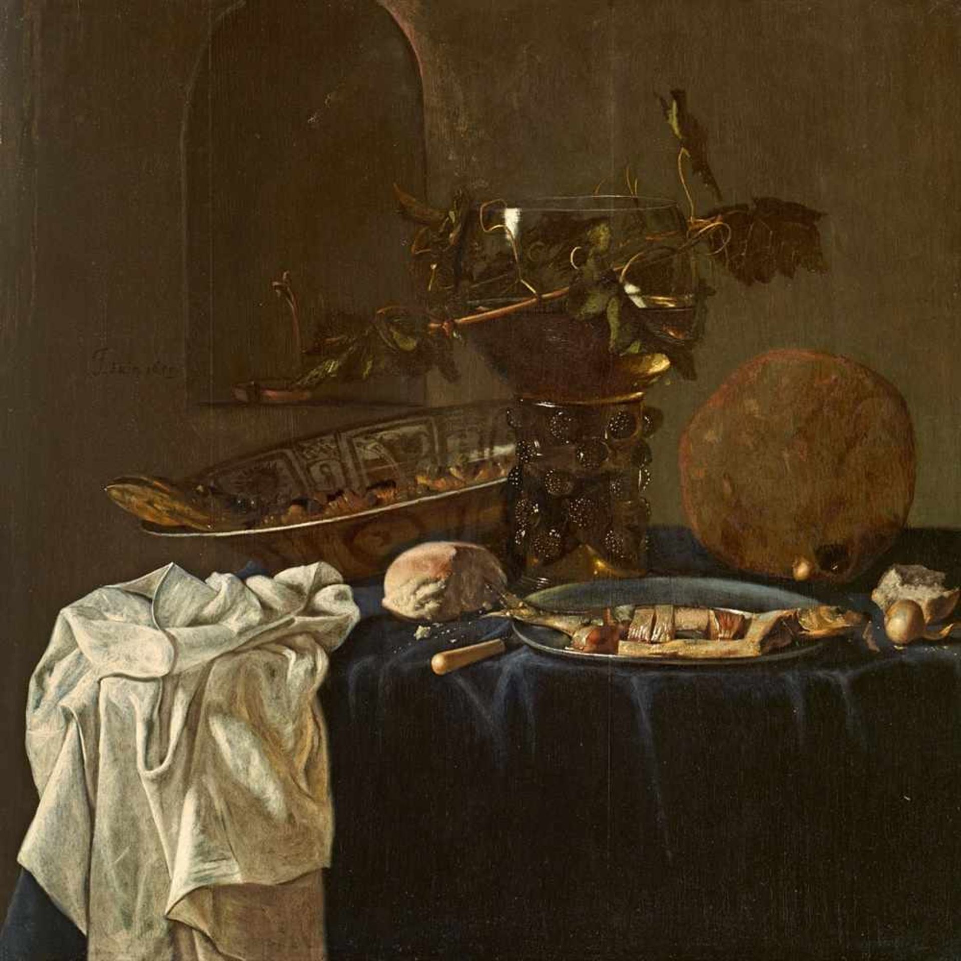 Jan FrisStillleben mit Römer, Brot und Fisch Öl auf Holz. 66 x 66 cm.Signiert und datiert Mitte