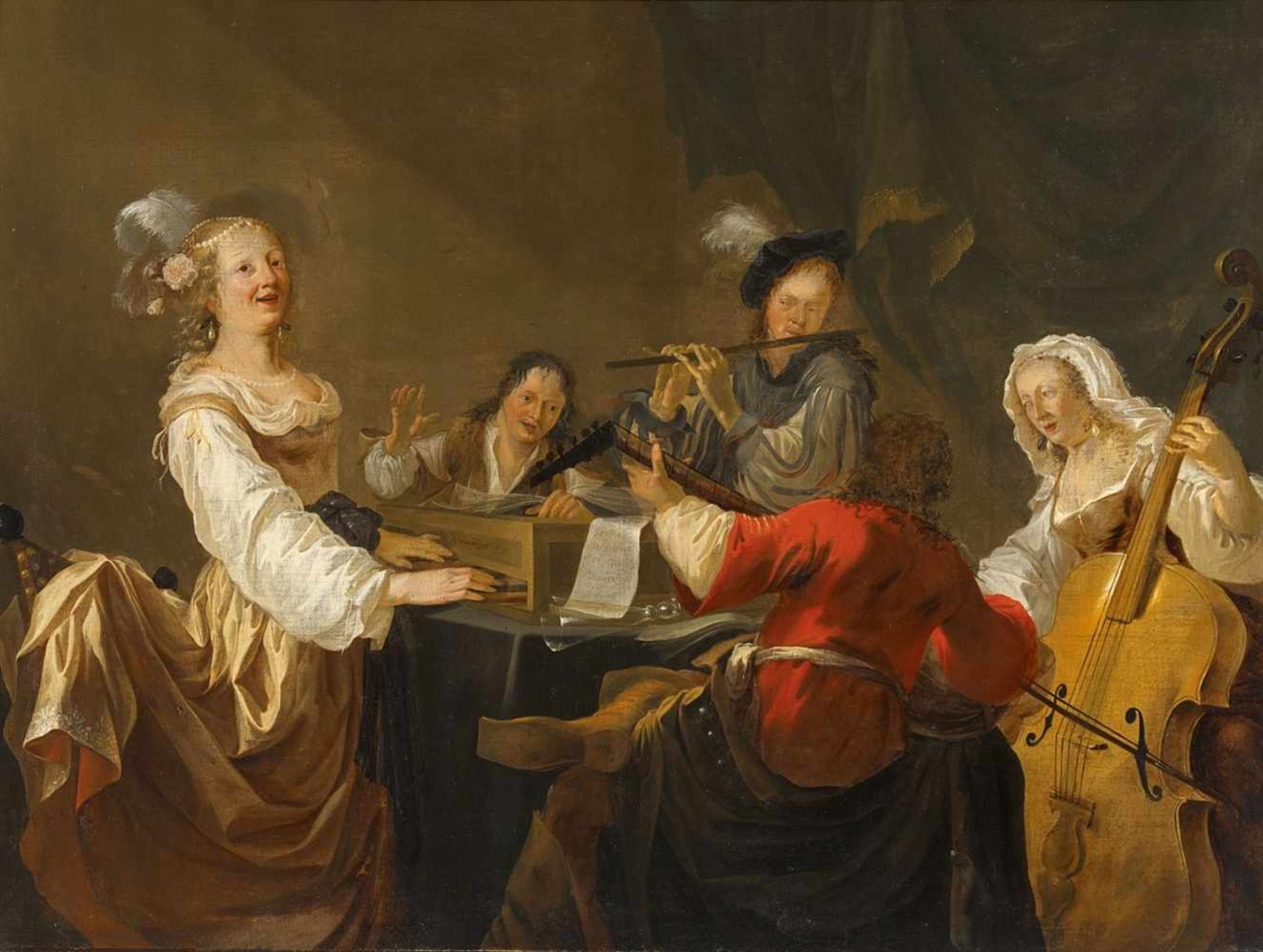 Aert Jansz MarienhofMusizierende Gesellschaft Öl auf Leinwand (doubliert). 100 x 134 cm.Signiert auf