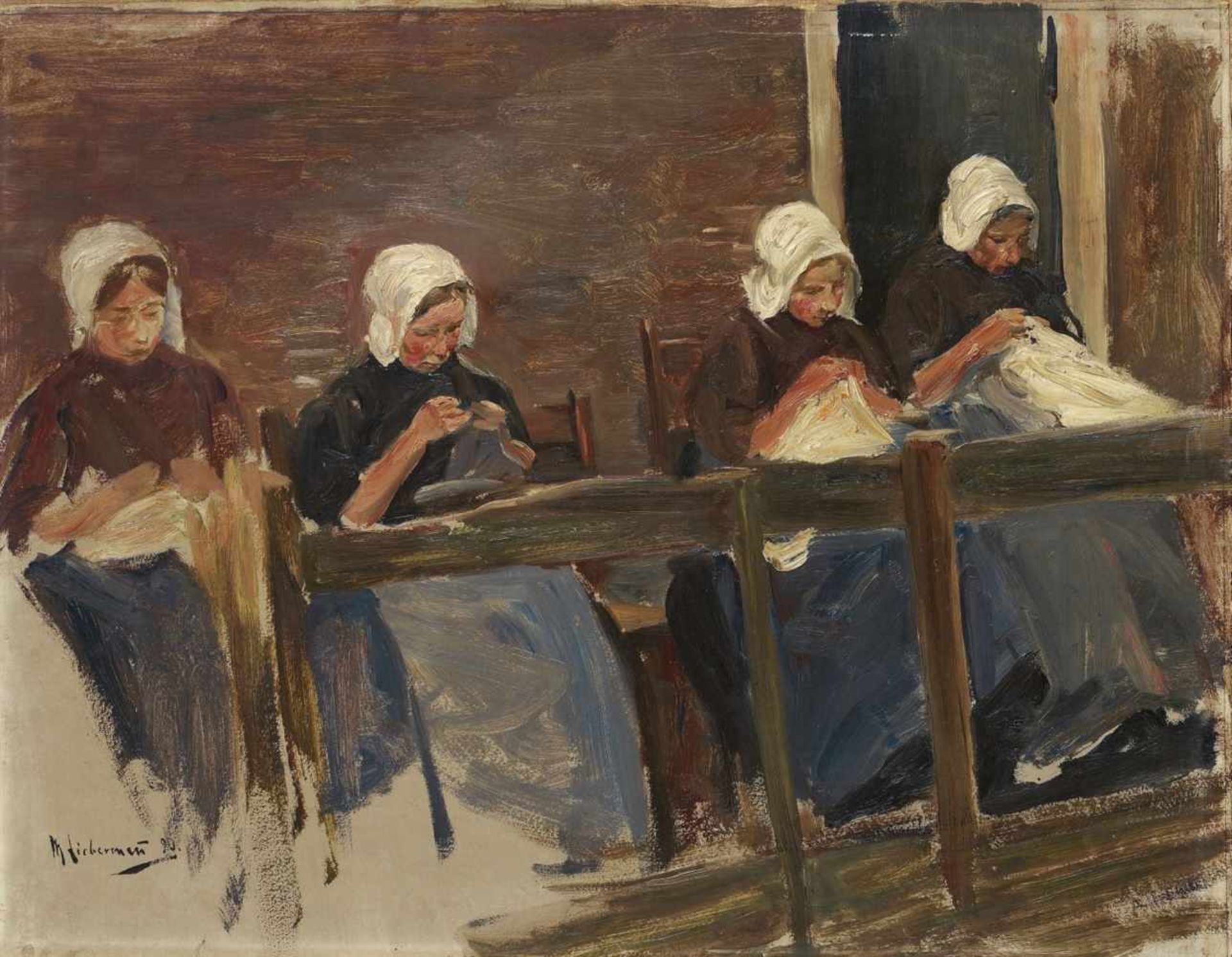 Max LiebermannNähende Mädchen in Huyzen - Studie mit vier Figuren (Holländische Näherinnen) Öl auf