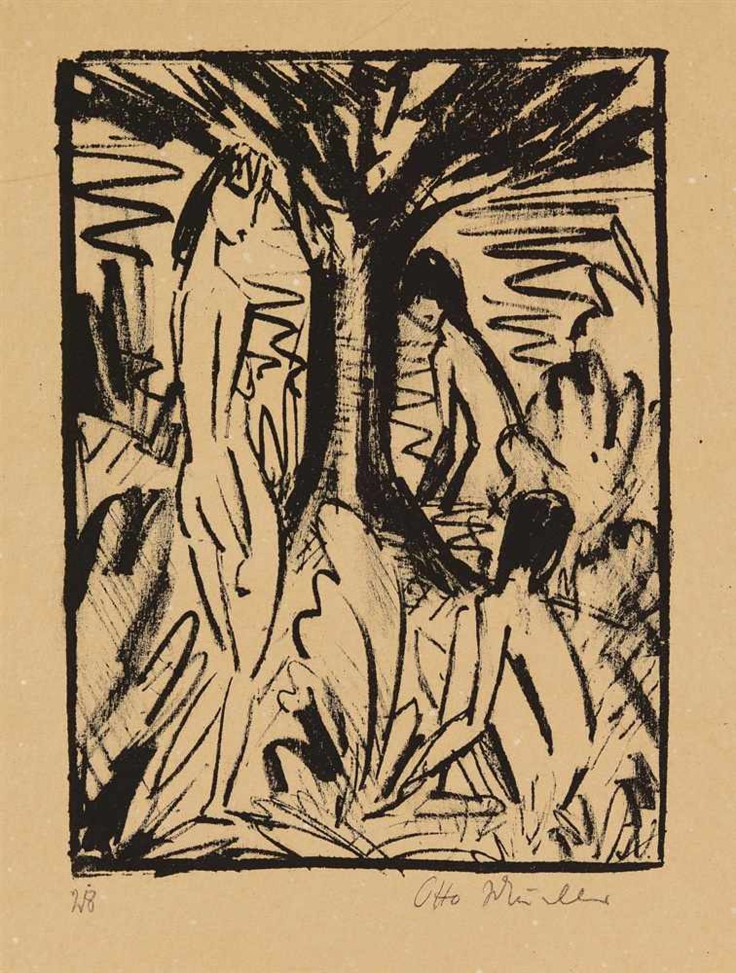 Otto MuellerStehendes, sitzendes und badendes Mädchen am Baum (Akte unter Bäumen) Original-