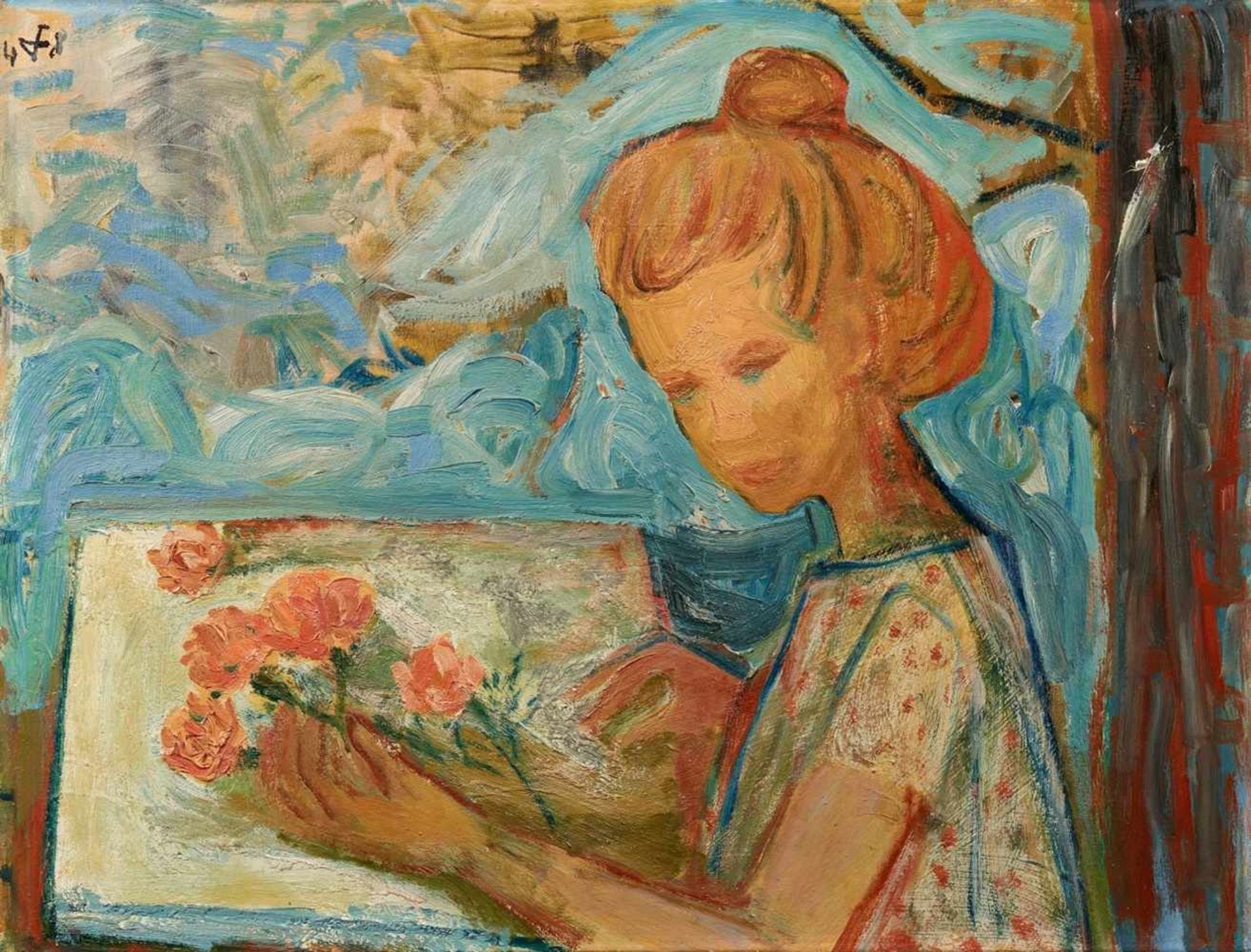 Otto DixBlondes Mädchen mit losen Blumen (am Tisch sitzend) Öl auf Hartfaserplatte. 49,9 x 64,9