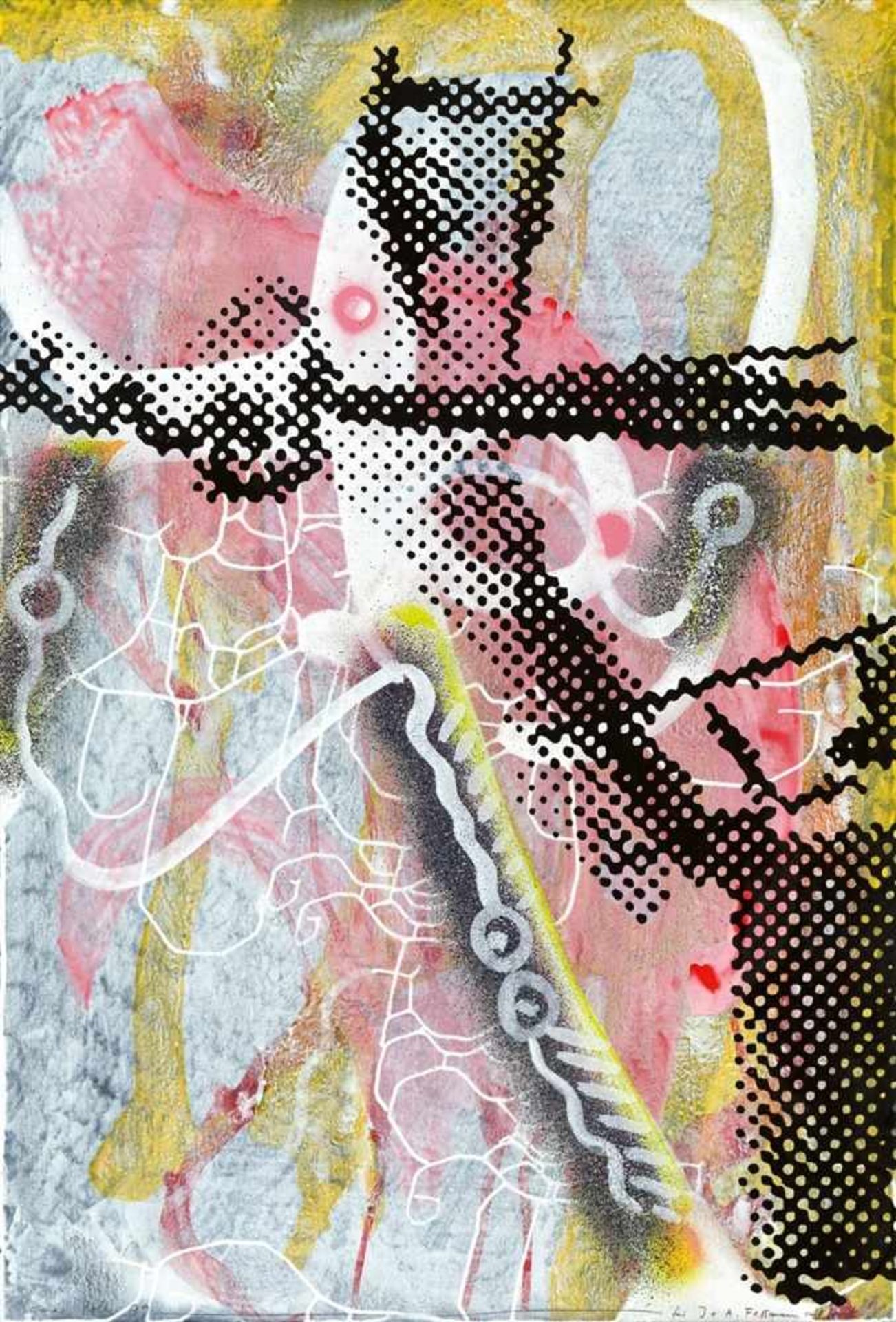 Sigmar PolkeOhne Titel Acryl, Spray- und Interferenzfarbe auf Karton. 100 x 68,5 cm. Unter Glas
