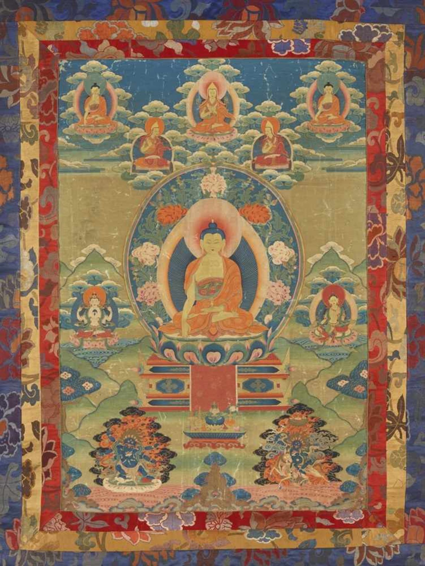 Thangka des Buddha Akshobhya. Tibet. 19. Jh. Seine rechte Hand in bhumisparsa mudra, die linke offen