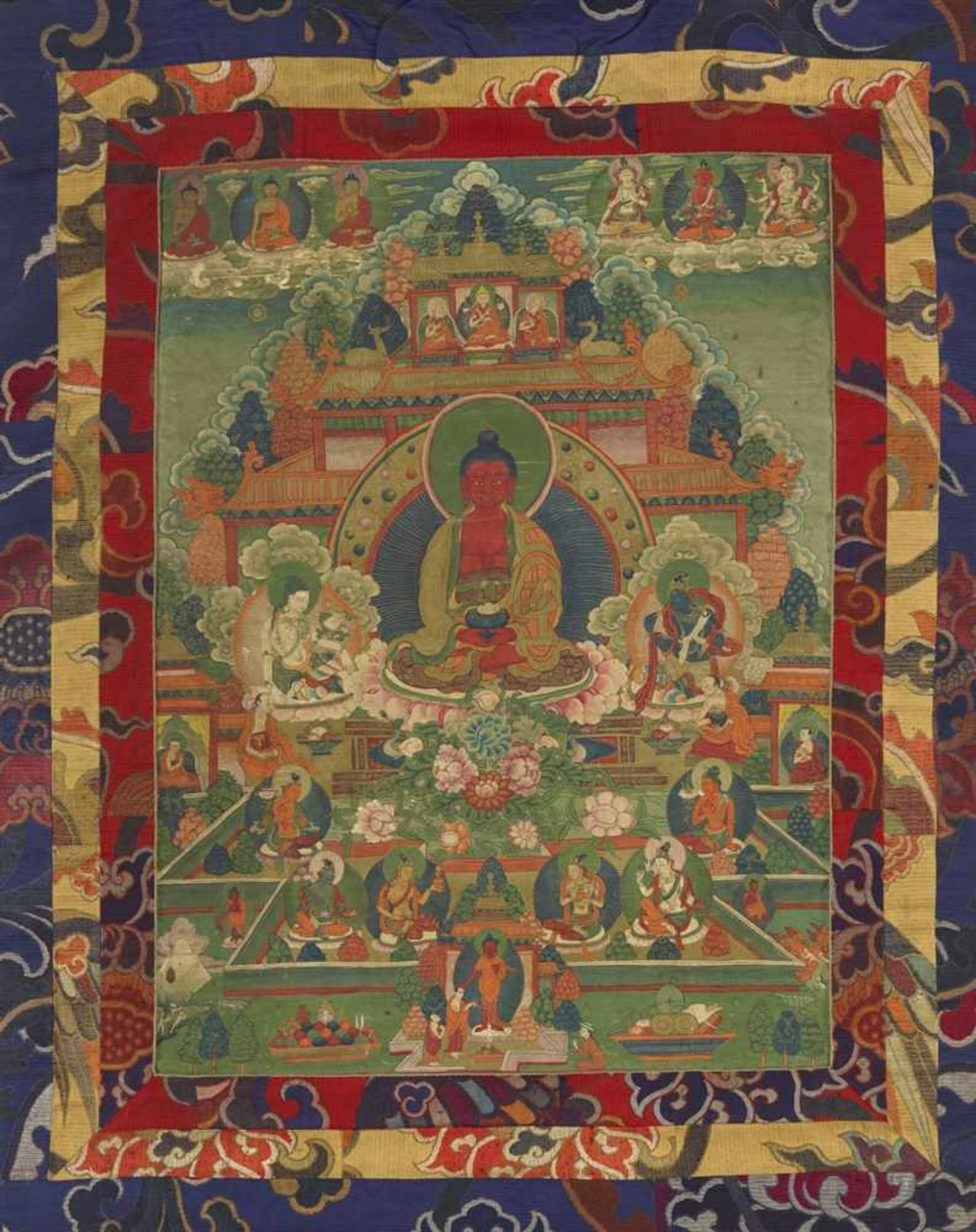 Thangka des Amitabha-Paradieses. Tibet. Spätes 19. Jh. Amitabha thront vor dem Golddachtempel des