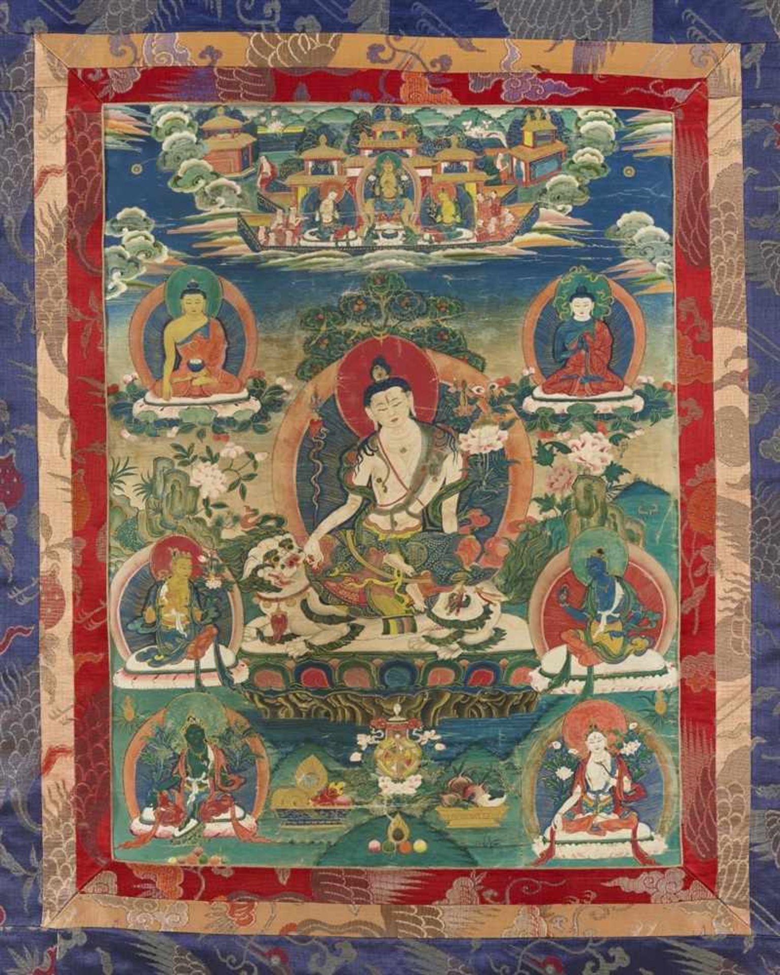Thangka des Simhanada Avalokiteshvara. Tibet. Spätes 19. Jh. Rittlings auf einem Schneelöwen