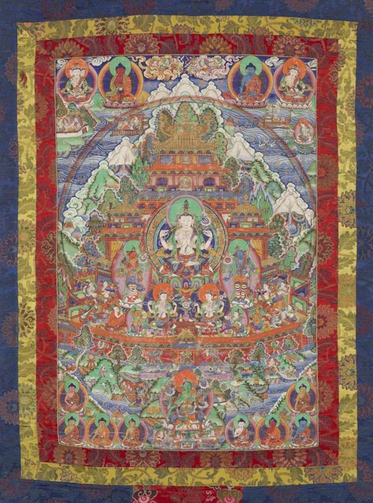 Thangka des Avalokiteshvara-Paradieses auf dem Berg Potalaka. Osttibet oder Mongolei. Um 1900