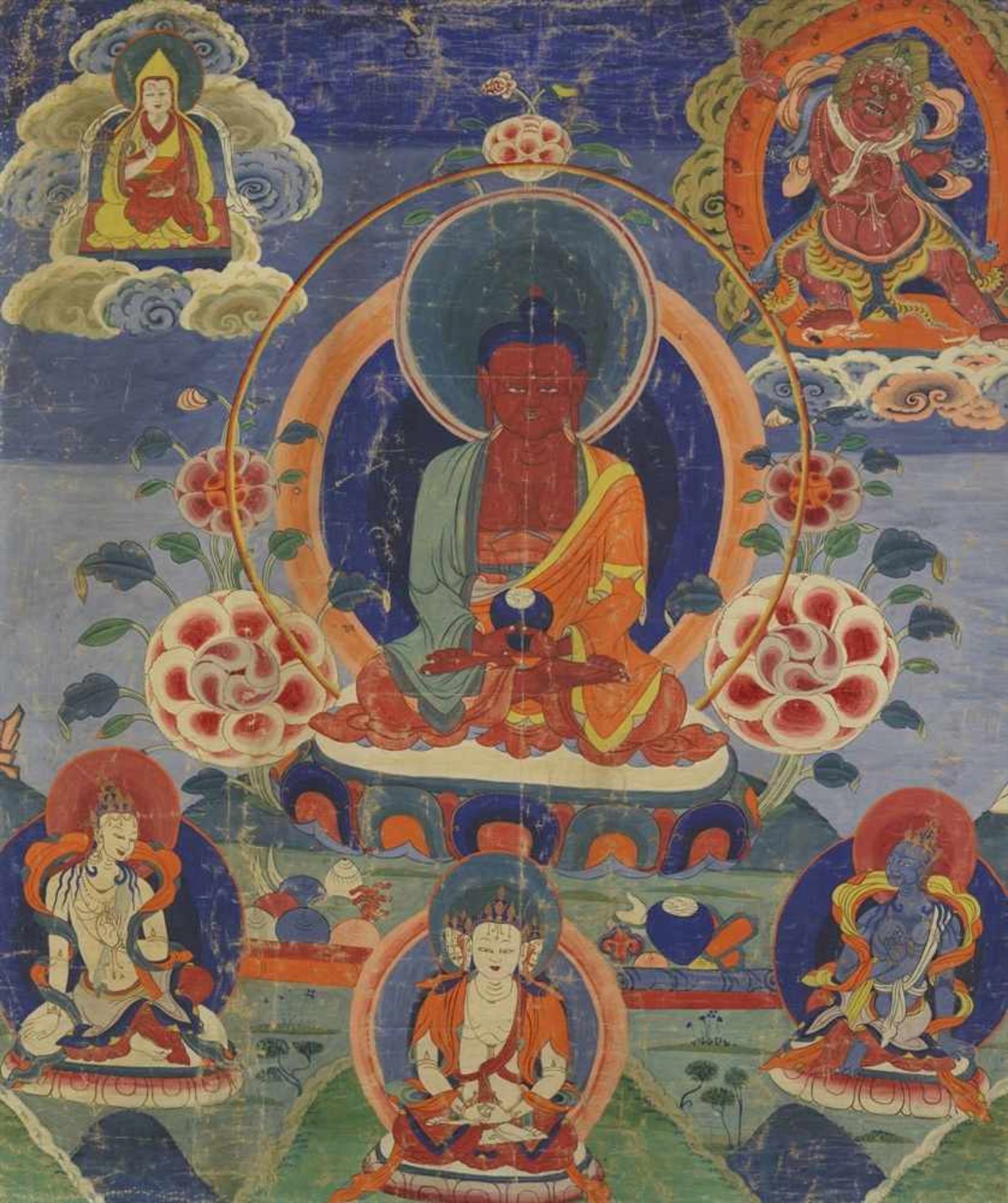 Thangka des Buddha Amitabha. Um 1900 Der Buddha des unermesslichen Lichtglanzes sitzt in vajrasana