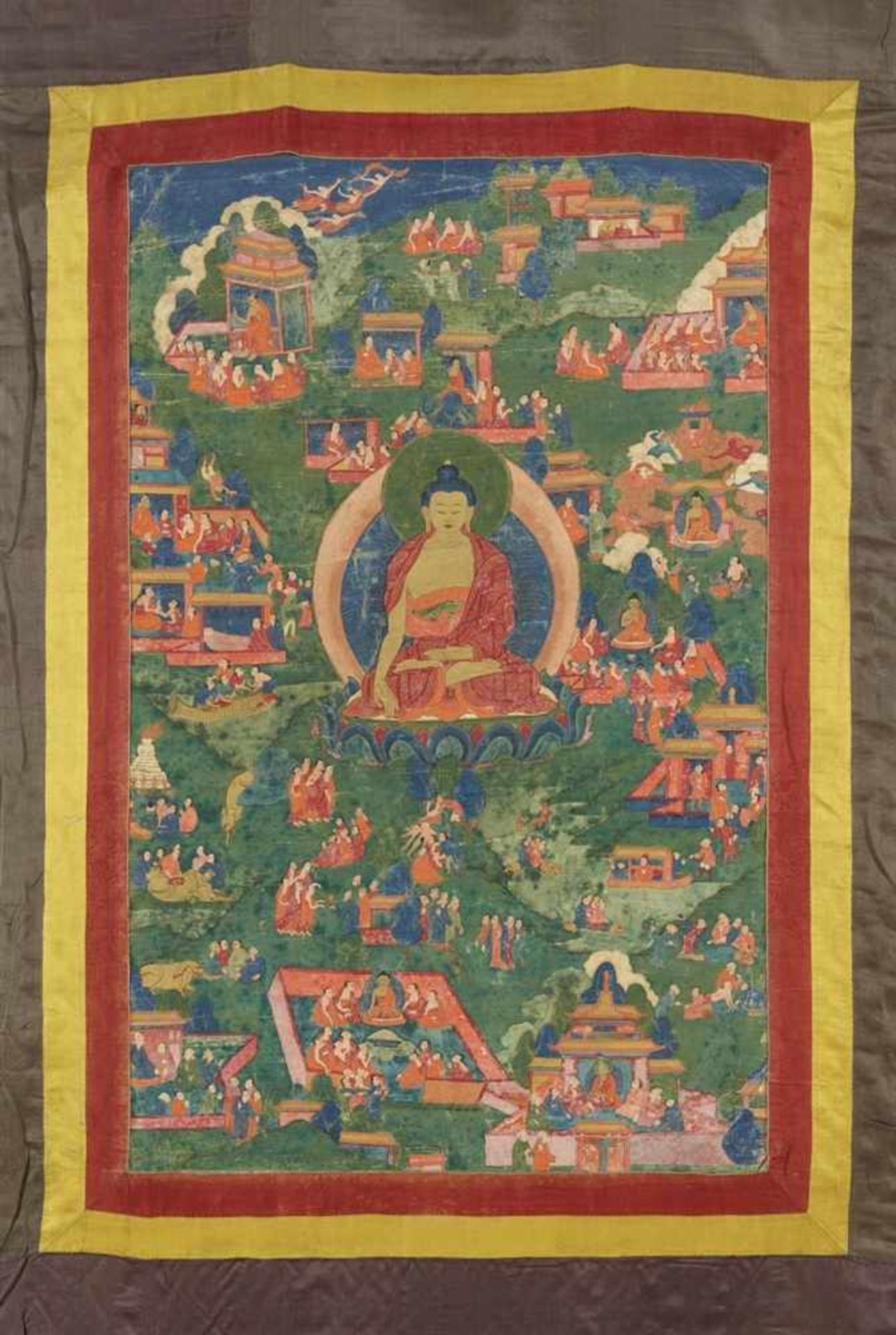 Avadana-thangka des Buddha Shakyamuni. Tibet. 18./19. Jh. Buddha Shakyamuni ist von zahlreichen