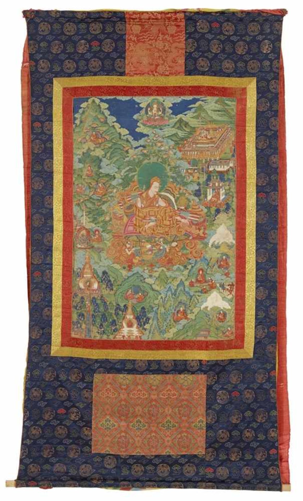 Bedeutendes thangka mit der Darstellung des Panchen Lama Ensapa Lobzang Dondrub (1505 - 1564). Tibet