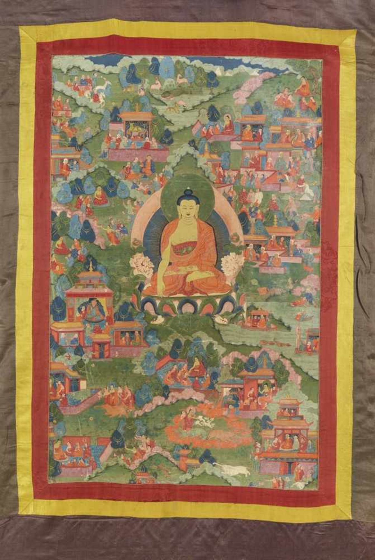 Avadana-thangka des Buddha Shakyamuni. Tibet. 18./19. Jh. Der Buddha sitzt in Meditationshaltung auf