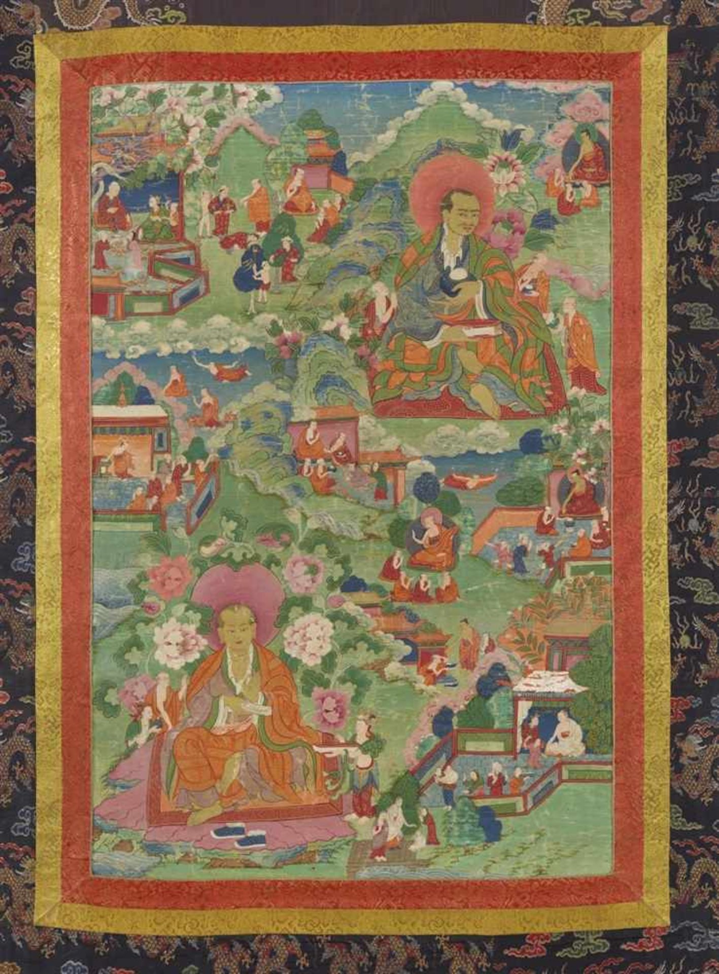 Thangka mit der Darstellung zweier arhat. Osttibet. 18. Jh. Inmitten einer grünen Landschaft