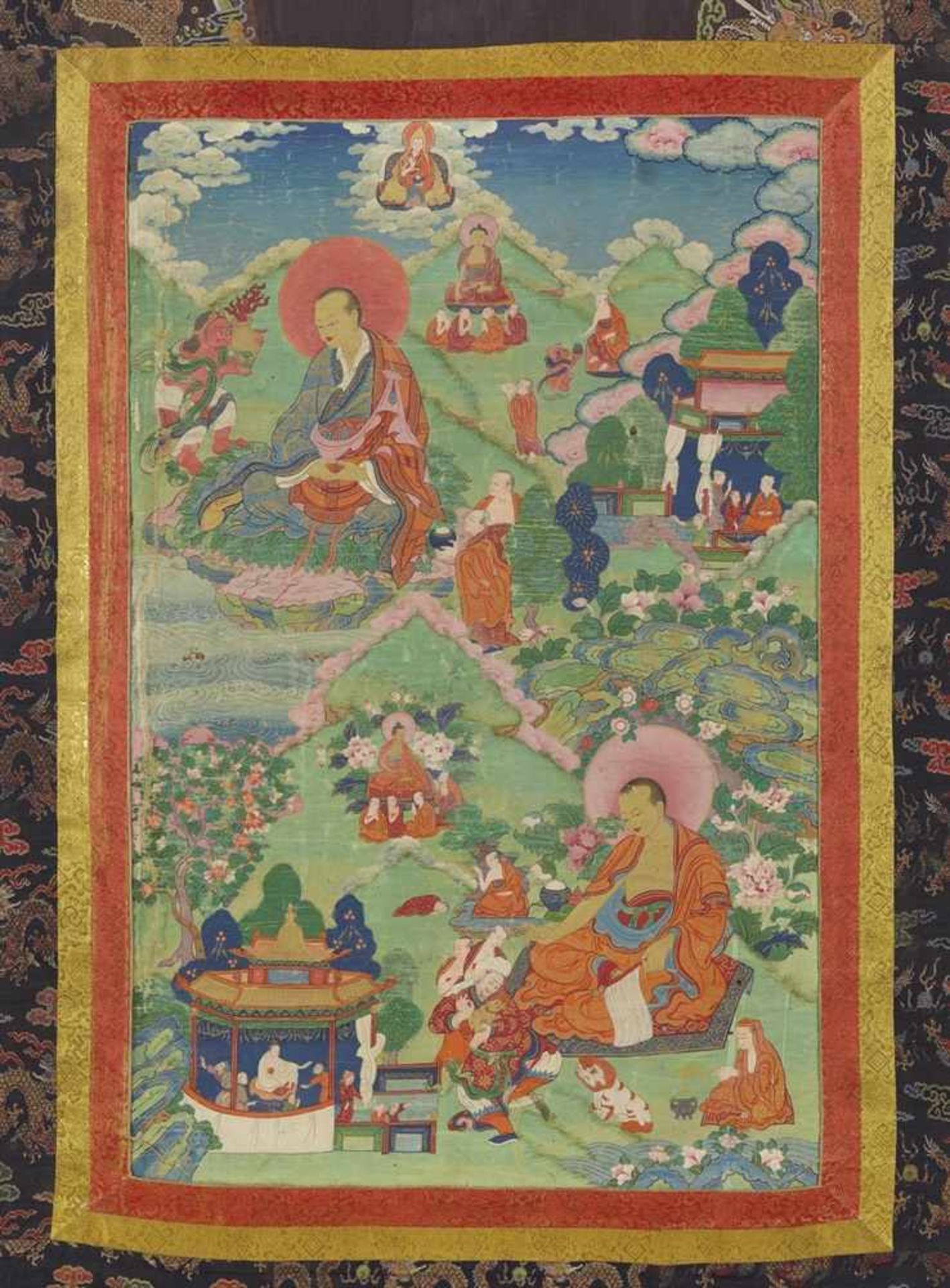 Thangka mit der Darstellung von zwei arhat. Osttibet. 18. Jh. Im oberen Teil thront der meditierende