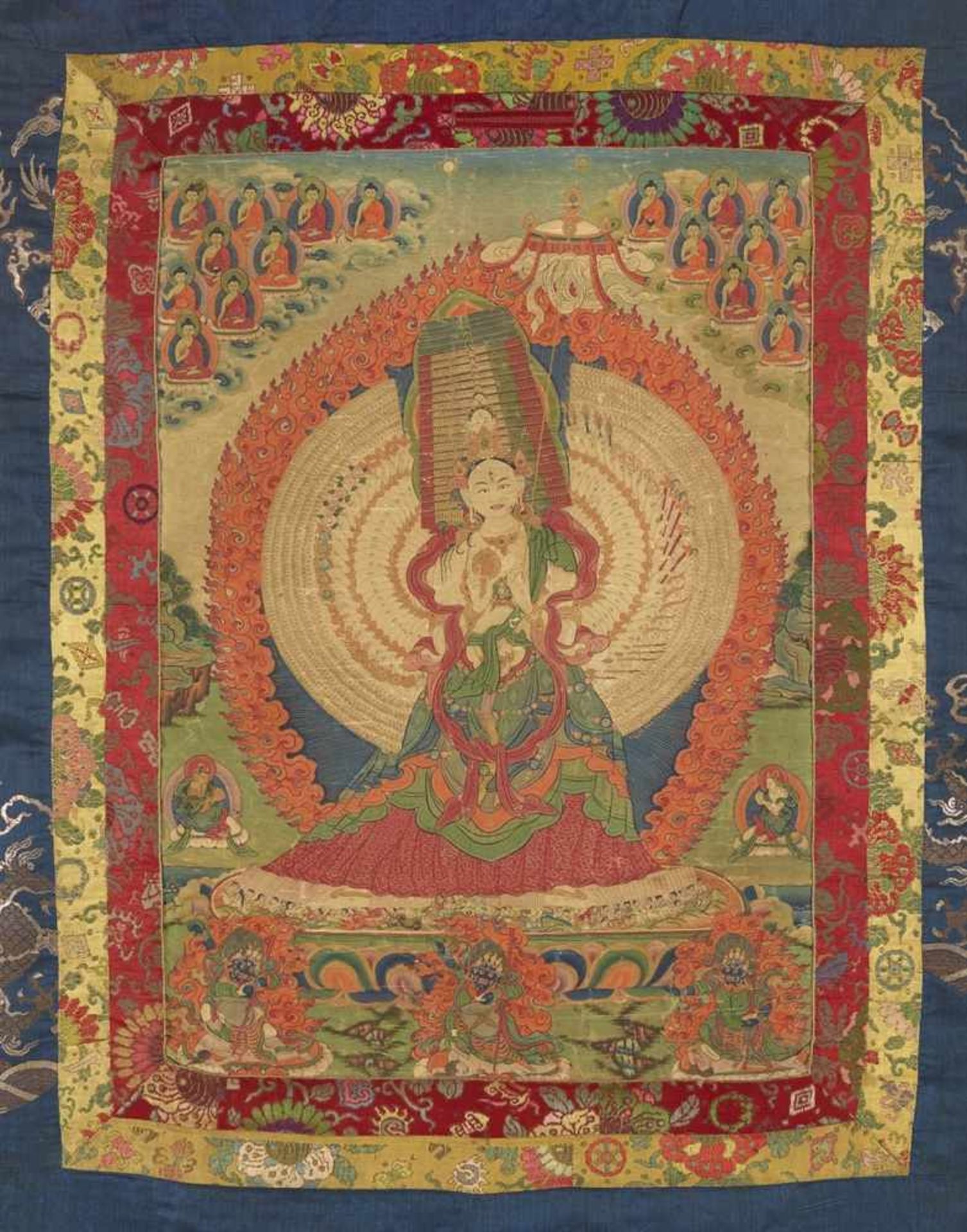 Thangka der Ushnishasitatapatra. Tibet. 19. Jh. Die tausendköpfige und tausendarmige Göttin des