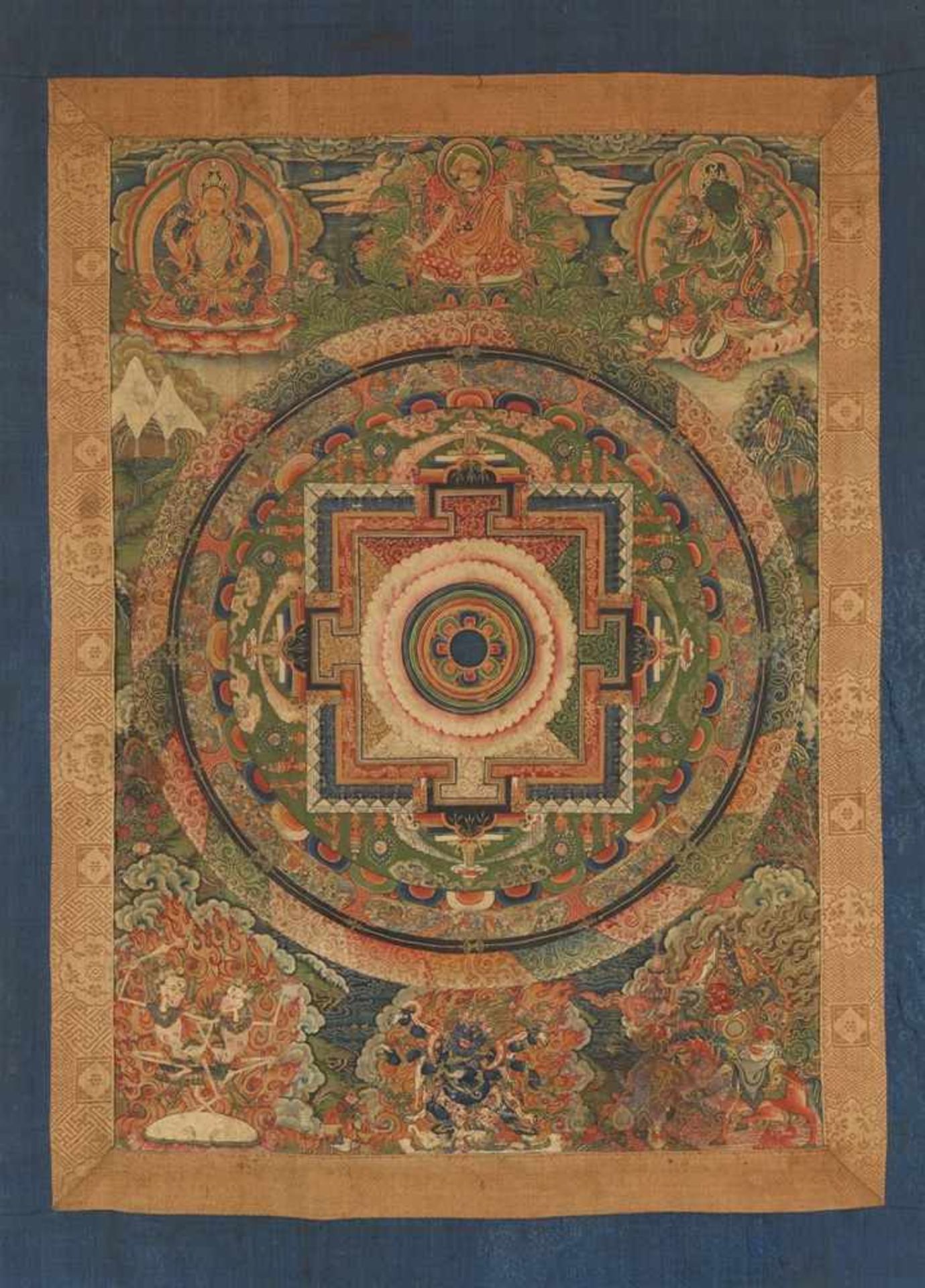 Symbolisches mandala. Tibet. 19. Jh. Der mandala-Palast mit einer Lotosblüte im Zentrum und den vier