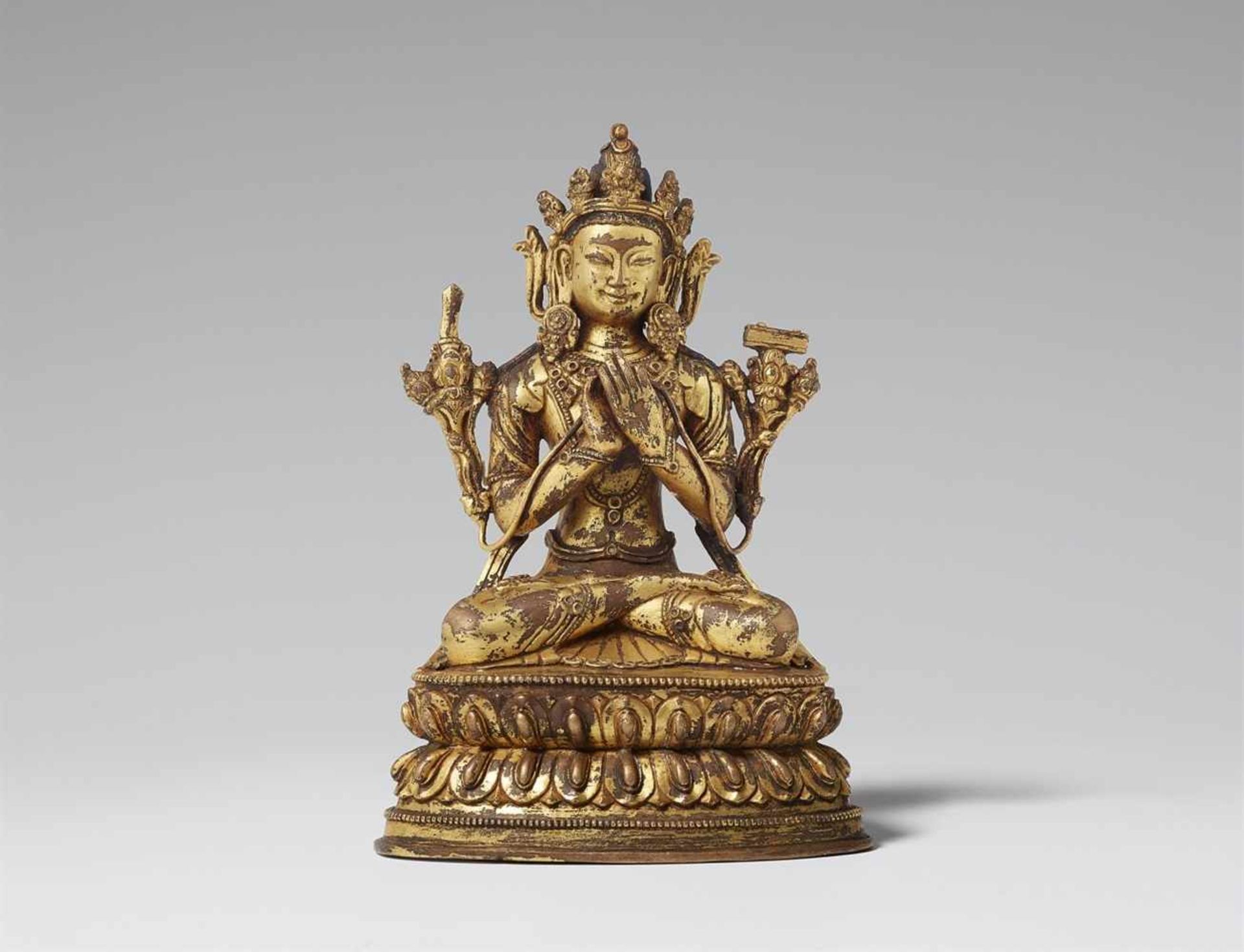 Manjushri. Feuervergoldete Bronze. Tibet. 17./18. Jh. Königlich gekleidet und geschmückt in