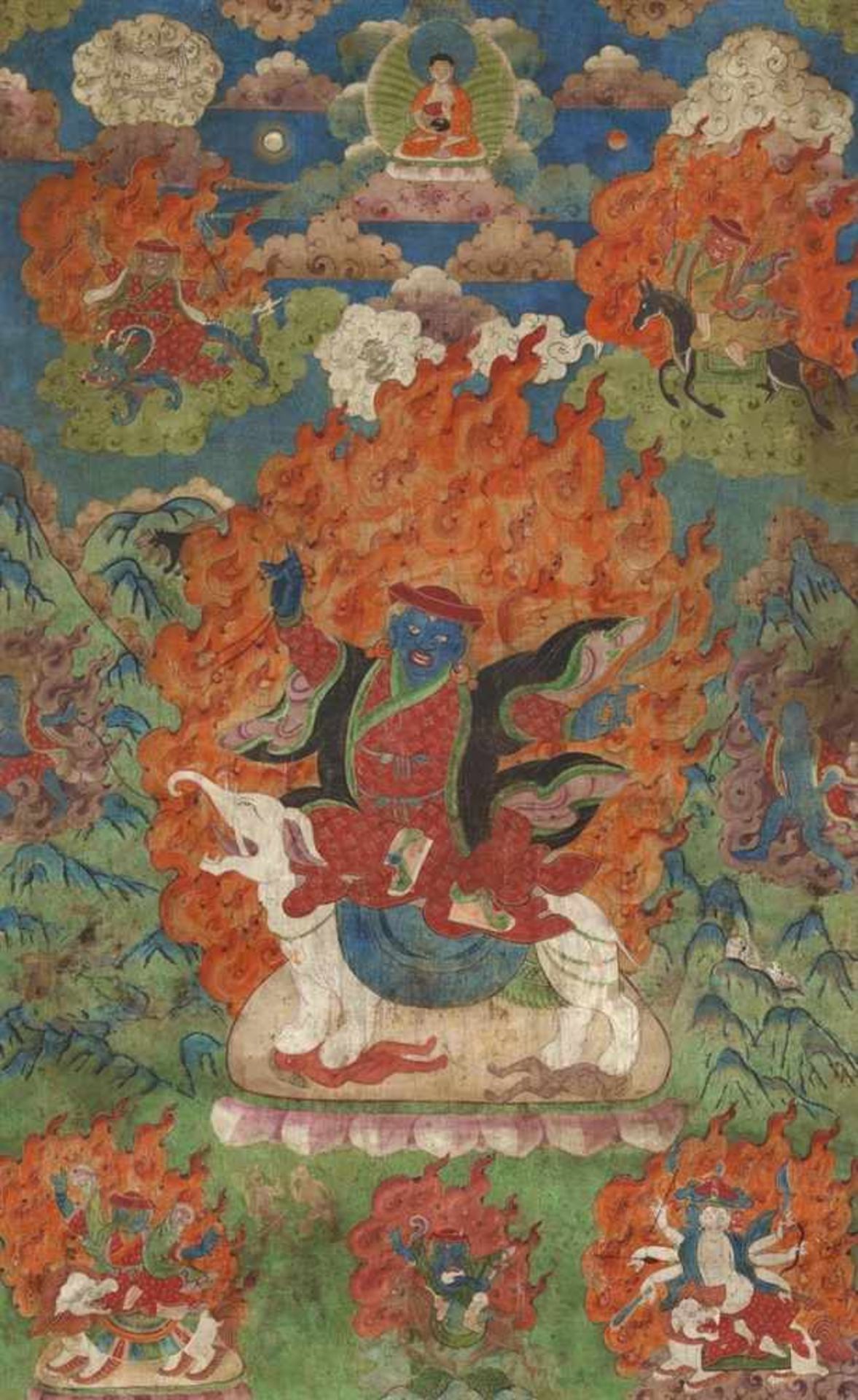 Thangka der fünf großen Könige (mahapancaraja). Tibet. 19. Jh. Gyajin sitzt auf einem weißen