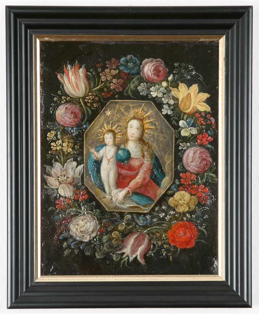 Wohl Flämischer Meister des frühen 18. JahrhundertsMadonna mit Kind im Blumenkranz Öl auf Kupfer. 22
