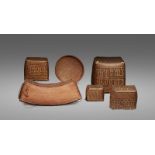 FIVE GUYANA BASKETRY CONTAINERS AND A TRAY 8 to 35 cm. long FIVE GUYANA BASKETRY CONTAINERS AND A