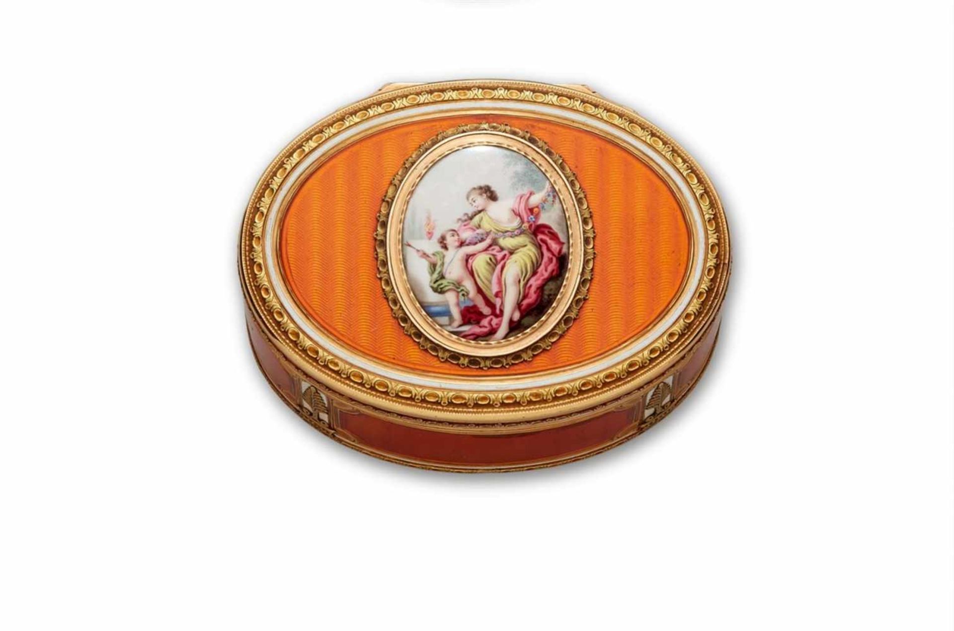 Louis XVI-Goldemailtabatière18 kt Gold. Ovale Form. Flächen allseitig überzogen mit orangefabenem