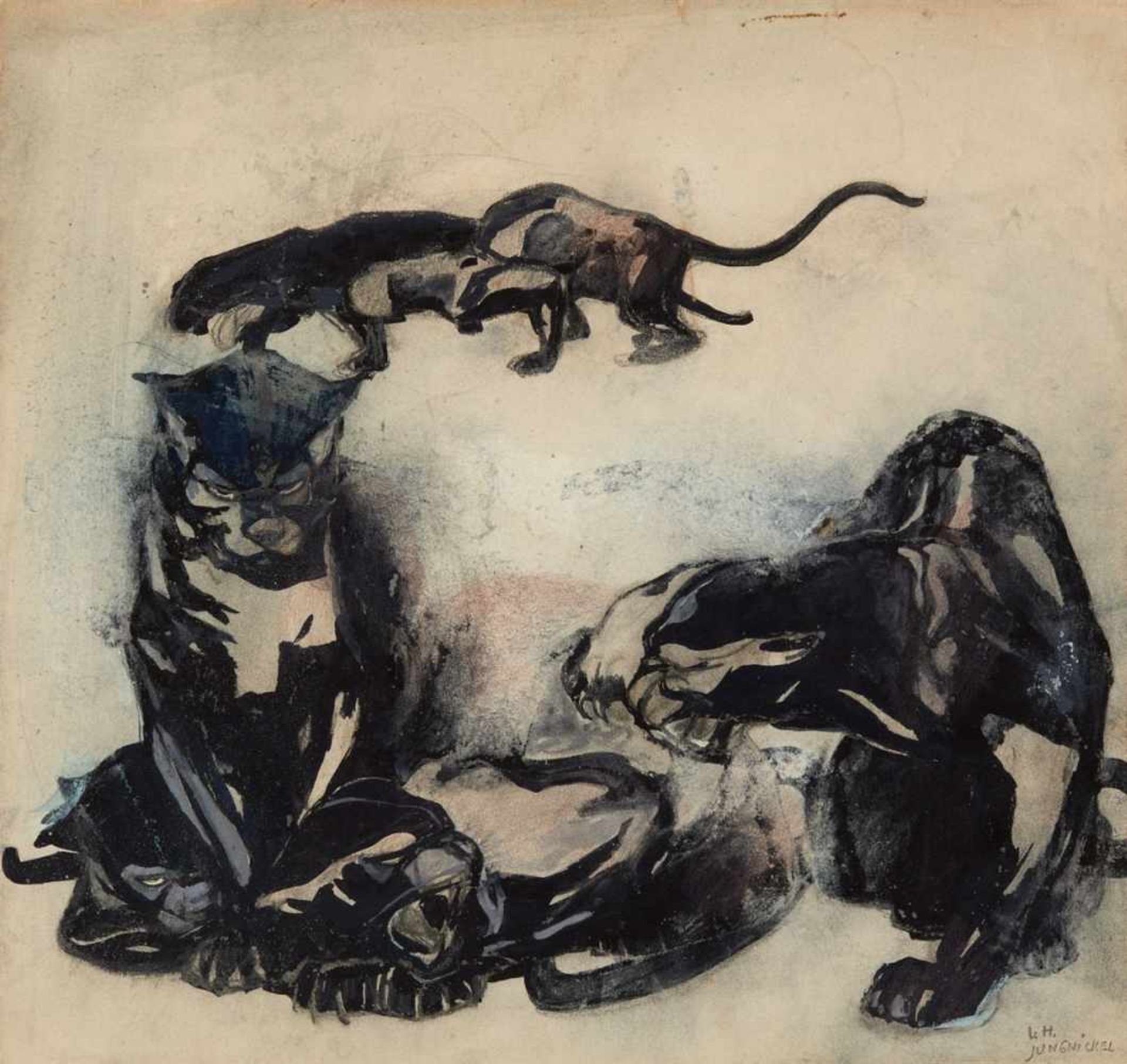 PanthergruppeTempera und Aquarell auf Papier. Unten rechts signiert: J.H. Jungnickel. 33,5 x 36 cm.