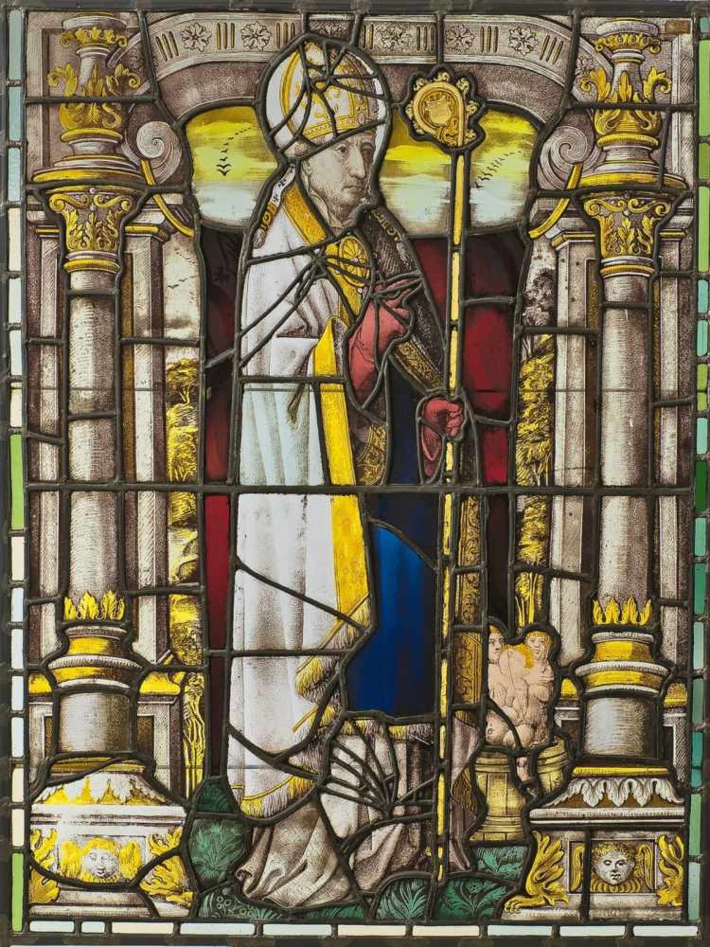 Bedeutendes Kirchenfenster mit Hl. NikolausTransparentes, leicht blasiges Glas mit Bemalung in