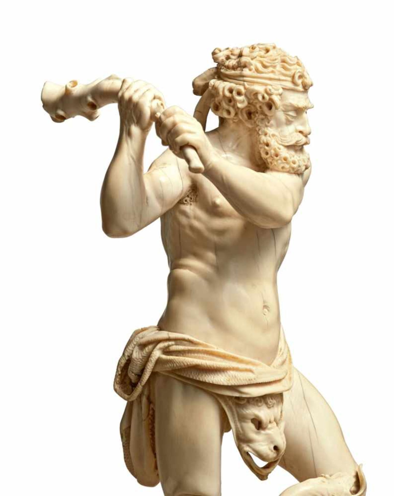 Herkules im Kampf mit der HydraElfenbein, vollplastisch geschnitzt. Der Sockel aus ebonisiertem - Bild 5 aus 7