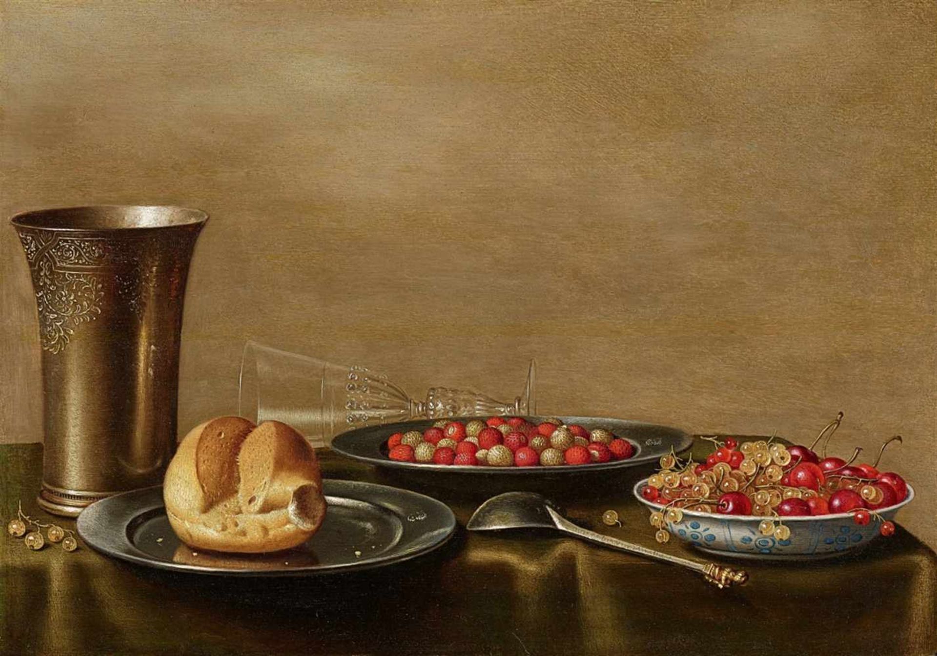 Floris van SchootenStillleben mit silbernem Becher, Zinnteller mit Brot und Erdbeeren, Wanli-SchÖl