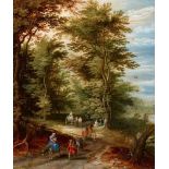 Jan Brueghel d. J.Landschaft mit der Flucht nach ÄgyptenÖl auf Kupfer. 25,5 x 21,5 cm.GutachtenDr.