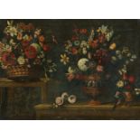 Meister der Vase mit GroteskenStillleben mit Blumen in einem Flechtkorb, einer großen und einerÖl