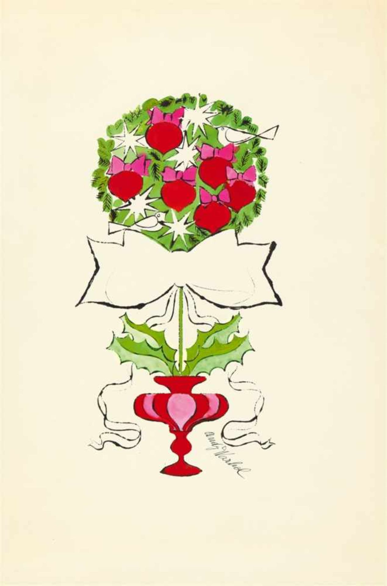 Andy WarholChristmas TopiaryTusche und Lithographie, aquarelliert, auf Karton. 57,3 x 38,5 cm. Unter